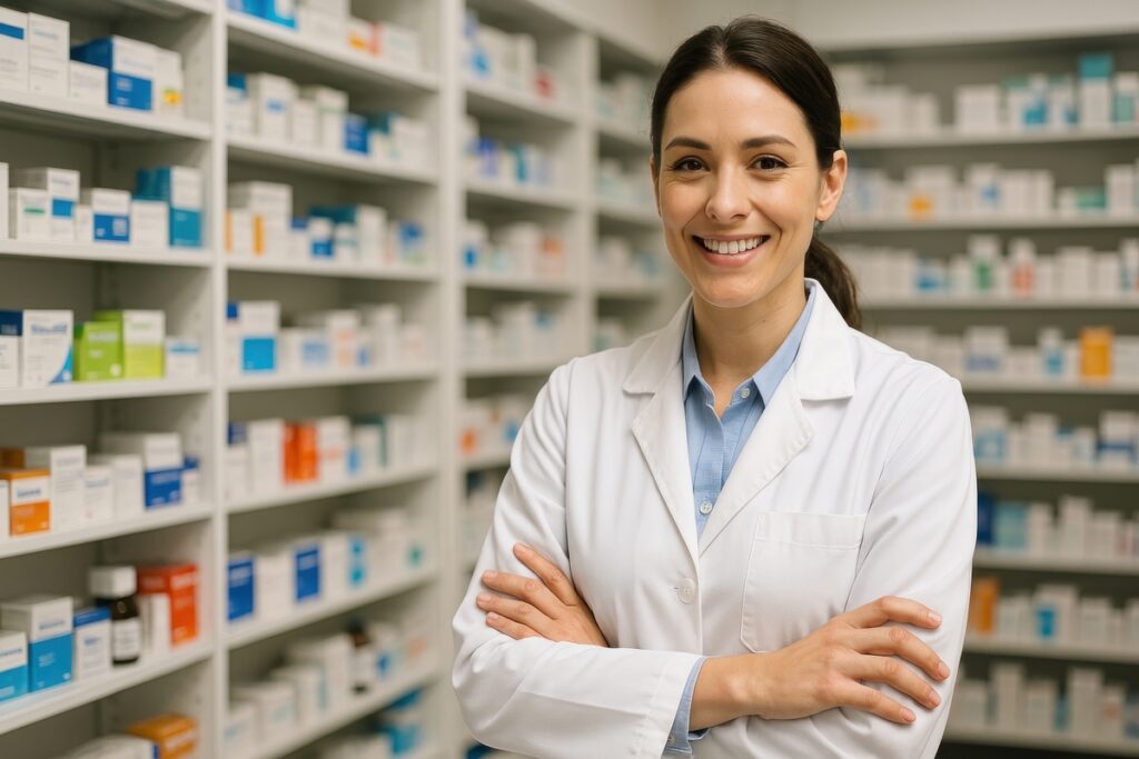 smiling pharmacist in pharmacy. smiling pharmacist in pharmacy.