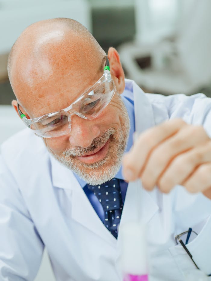 Scientist in lab coat and goggles working on a chemical experiment in a laboratory.